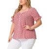 Agnes Orinda Women's Plus Size Gingham 1950s Sweetheart Neck Button Decor Short Sleeve Blouses - 2 of 4