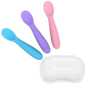 WeeSprout Baby Spoons for Self Feeding 6 Months +, Soft & Durable Silicone Utensils for Sensitive Gums & Teeth, 3 Pack + Carrying Case - 1 of 4