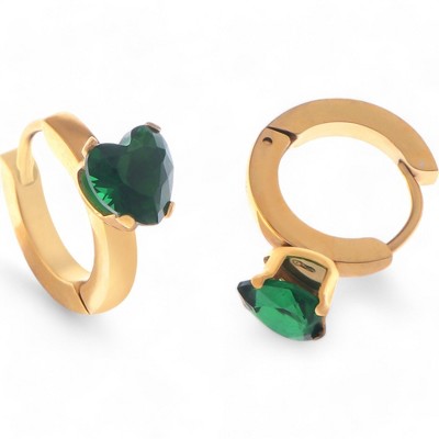 Anna-Kaci Women's Gold Hoop Earrings with Emerald Green Heart Shaped Crystal Stud- Green