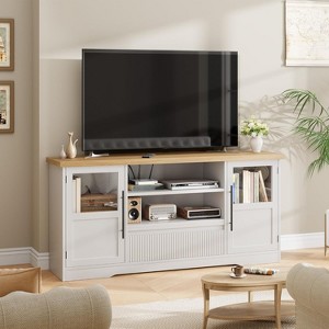 Coucheta 63" Farmhouse TV Stand with Wave Pattern - White & Natural Entertainment Center for 72" TVs, 2 Glass Door Cabinets - 1 of 4