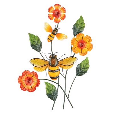 Collections Etc 3D Bee Colorful Floral Metal Outdoor Wall Art