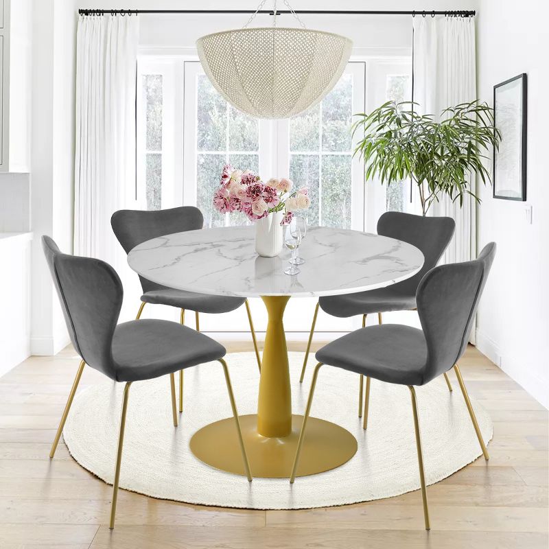 Harris+Flavia 5-Piece Round-Shaped Artificial Marble Dining Table Set With 4 Velvet Upholstered Chairs Gold Legs -The Pop Maison, 1 of 9