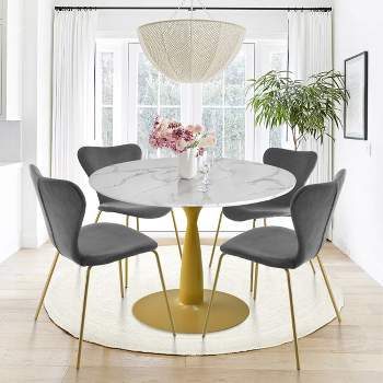 Harris+Flavia 5-Piece Round-Shaped Artificial Marble Dining Table Set With 4 Velvet Upholstered Chairs Gold Legs -The Pop Maison