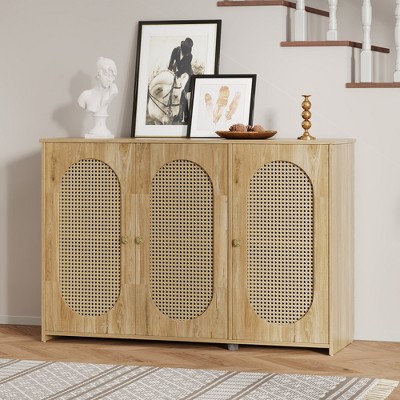 TiramisuBest Retro 3-Door Sideboard with Large Storage Space Artificial Rattan Doors and Metal Handles, Accent Cabinet for Living Room and Hallway