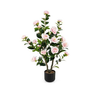 Resenkos 38-Inch Artificial Camellia Tree, Features Pink Flowers in a Decorative Cement Pot, Pink - 1 of 4