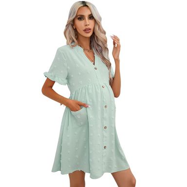 Coolmee Women's Summer Mini Dress Short Sleeve Babydoll Dress V Neck Button Down Dress with Pockets S Light Green