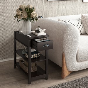 VYNXARIA Narrow Sided Table with Drawers and Bottom Partition in Flip Over Design,Brown - 1 of 4