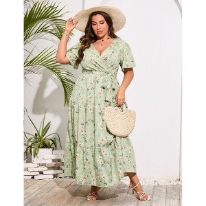 Coolmee Women Plus Size Casual Ruffle V Neck Short Sleeve High Waist Layered Maxi Dress With Belt - 1 of 4