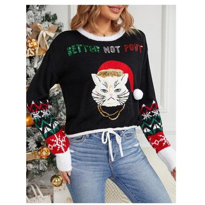 Coolmee Women's Christmas Sweaters Cat Print Sweaters Crewneck Long Sleeve Pullover Winter