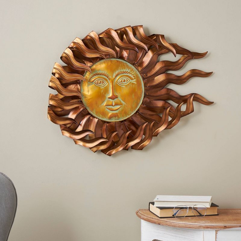 Olivia &#38; May 24&#34;x30&#34; Metal Sun Wall Decor with Gold Sun Face and Folded Wavy Rays Copper, 2 of 9