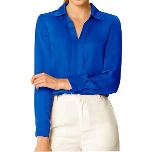 INSPIRE CHIC Women's Fashion V Neck Long Sleeve Office Work Satin Shirt Small Royal Blue