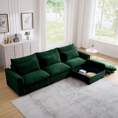 NicBex Couches for Living Room 3-Seater Sofa Sectional Couch Corduroy L-Shaped Upholstered Sofa With 3 Waist Pillows and Storage Footstool