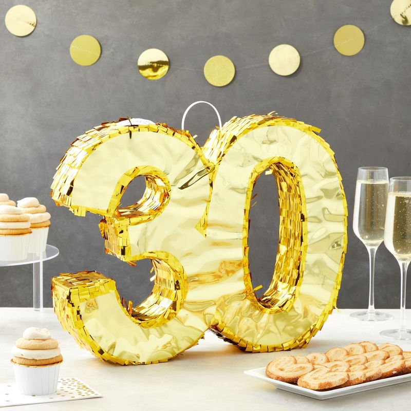 Sparkle and Bash Gold Foil Number 30 Pinata for 30th Birthday Party Decorations, Anniversary Celebrations (Small, 16.5 x 13 x 3 In), 2 of 8