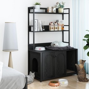 Litter Box Enclosure with 2 Storage Shelves Wooden Hidden Cat Litter Box Enclosure Furniture with 2 Door - 1 of 4