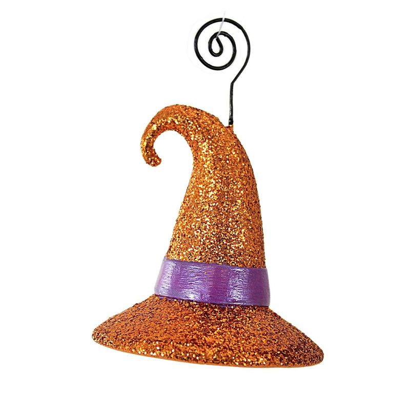 Bethany Lowe 4.5 Inch Witch Hat Orange Glitter Halloween Place Card Holder Tree Ornaments, 1 of 4