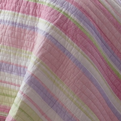 Pink and Green Striped Cotton Twin Quilt Set