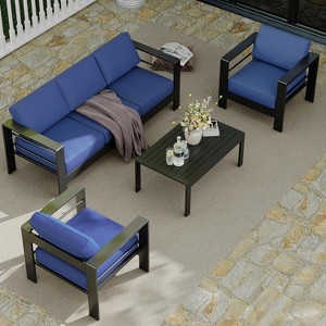 Blue 4-Piece Patio Set - Aluminum sofa & coffee table with removable cushions. 4-seater for porch or backyard. - 1 of 4