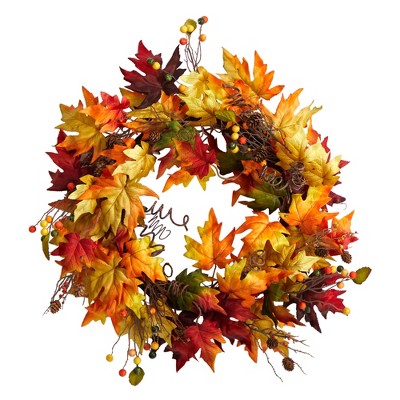 Nearly Natural 24-in Autumn Maple Leaf and Berries Artificial Fall Wreath with Twig Base