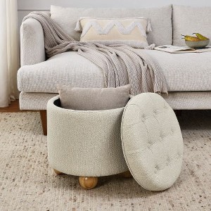 CAVINAS Round Storage Ottoman with Reversible Tray Top, Multi-Functional Round Linen Button Ottoman, Ottoman with Storage Space - 1 of 4