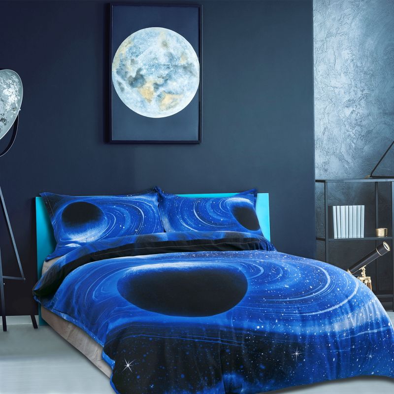 PiccoCasa Polyester Galaxy Sky Cosmos Night Pattern 3D Printed Duvet Cover Set with 2 Pillowcases 3 Pcs Queen Royal Blue, 2 of 7