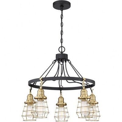Flat Black and Satin Brass Cage Chandelier with 5 Lights