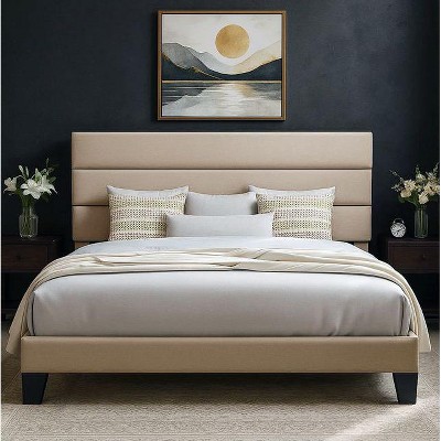 Queen Velvet Platform Bed with Upholstered Headboard & Wooden Slats, Beige Mattress Foundation
