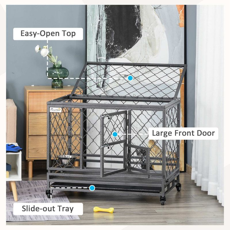 PawHut 36.5" Heavy Duty Dog Crate Metal Kennel and Cage Dog Playpen with Lockable Wheels, Slide-out Tray, Food Bowl and Double Doors, 6 of 8