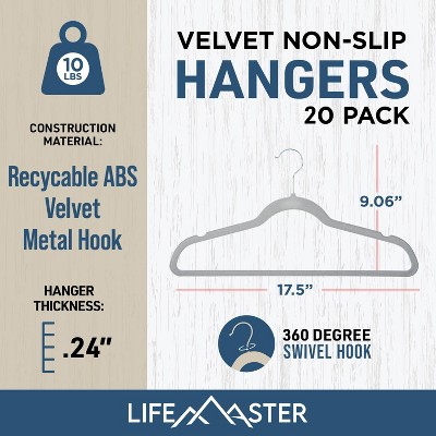 Gray Velvet Non-Slip Hangers with 360° Swivel Hook, 20 Pieces