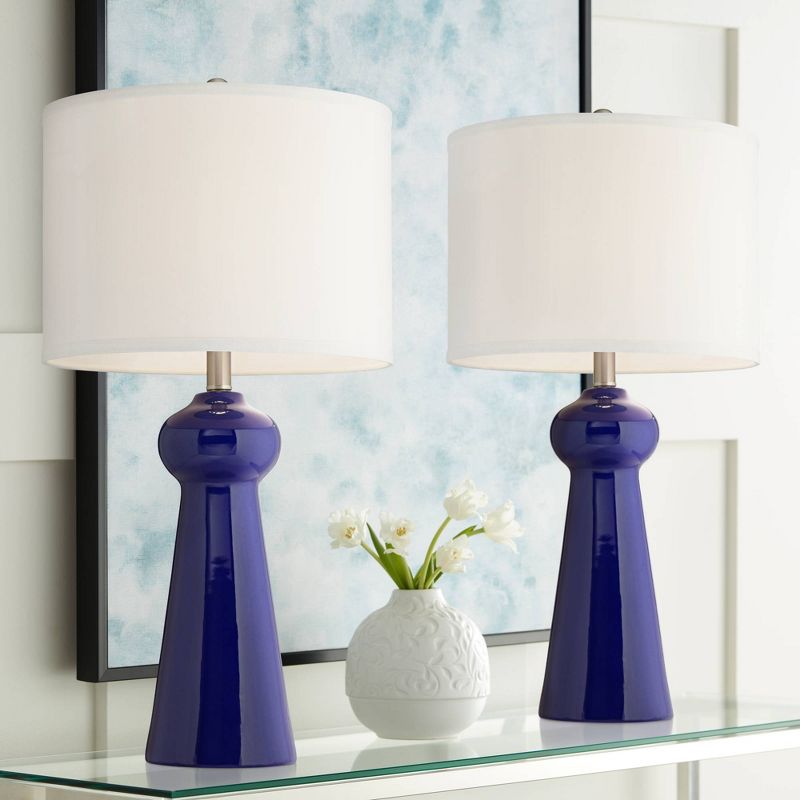 360 Lighting Damon Modern Table Lamps Set of 2 28" Tall Blue Ceramic White Drum Shade for Bedroom Living Room Bedside Nightstand Office Kids House, 2 of 10