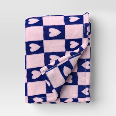 Recycled Poly Printed Heart Check Plush Throw Pink/Blue - Room Essentials™