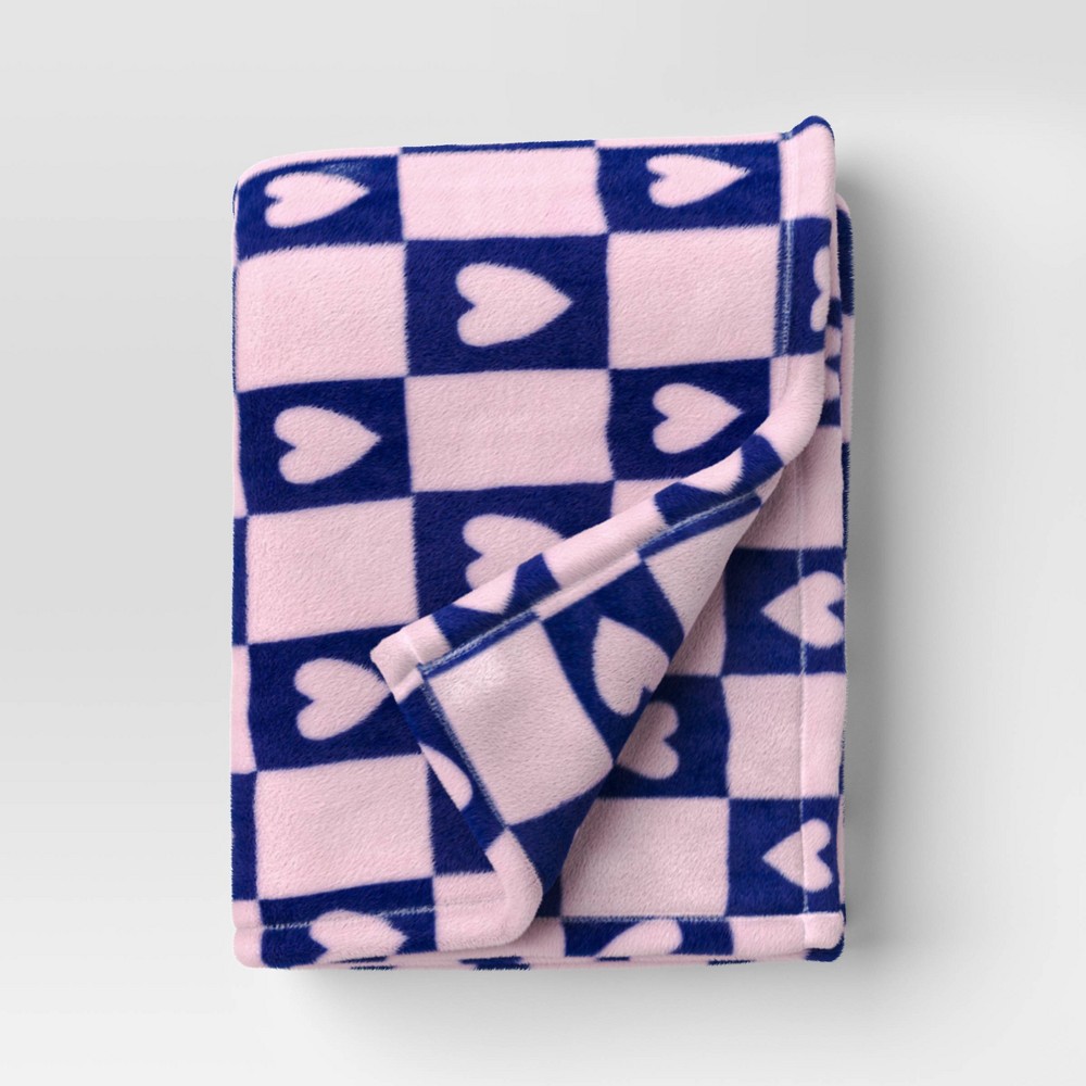 Recycled Poly Printed Heart Check Plush Throw Pink/Blue - Room Essential and two heart-shaped cushions