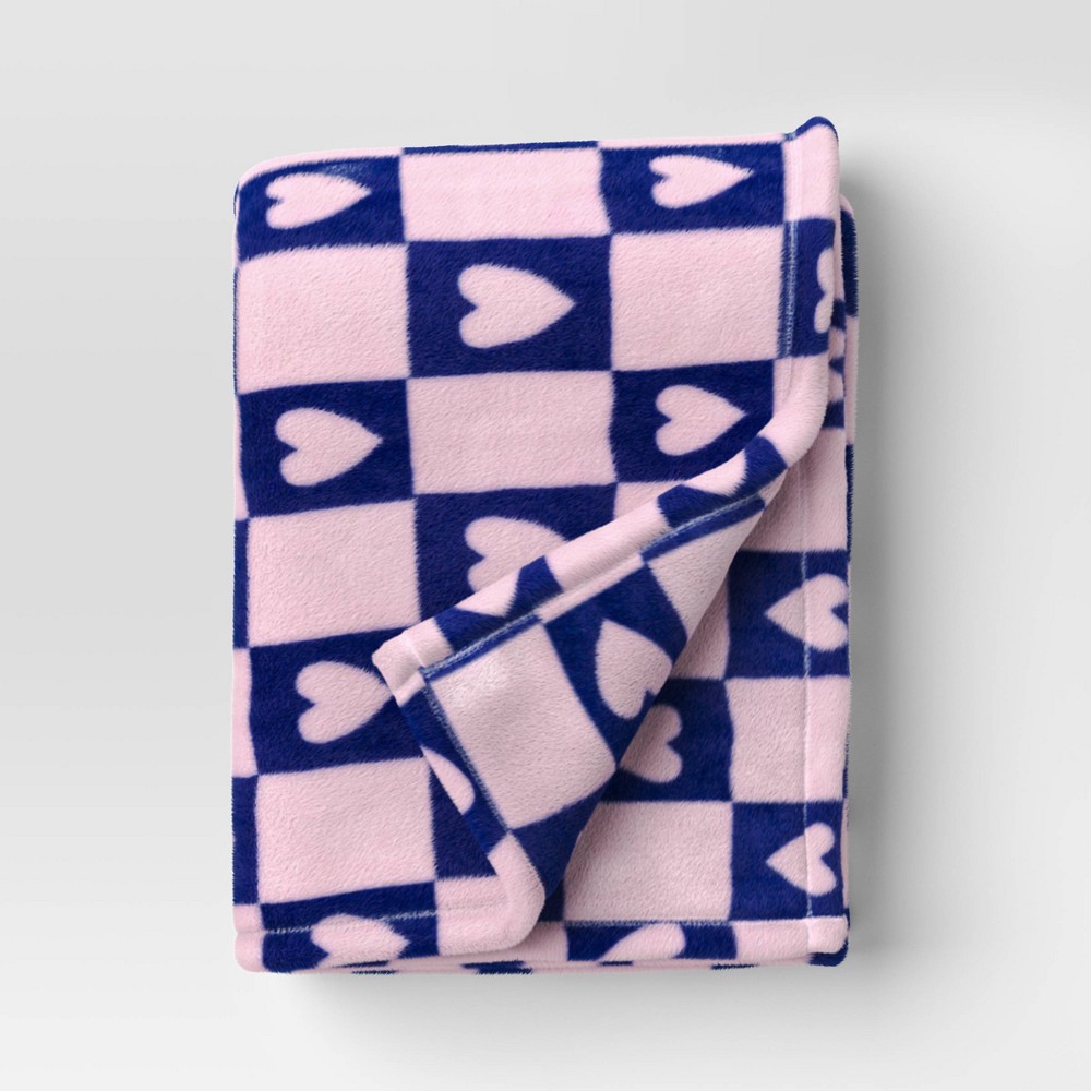 Photos - Duvet Recycled Poly Printed Heart Check Plush Throw Pink/Blue - Room Essentials™