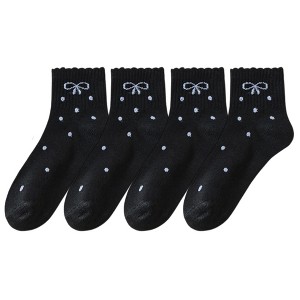 Anna-Kaci Women's Soft Cotton Ankle Socks with Bow Embroidery Polka Dot Design 4 Pairs - 1 of 4