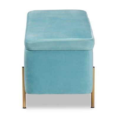 Sky Blue Velvet and Gold Metal Storage Bench