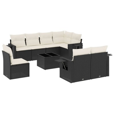 vidaXL 9 Piece Patio Sofa Set with Cushions Black and Cream Poly Rattan - Without Table