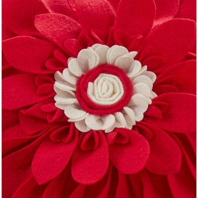 Red and White Round Felt Flower Throw Pillow