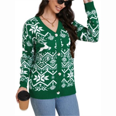 Clearlove Womens Christmas Cardigan V Neck Button Down Long Sleeve Open Front Cardigan Sweaters Knitwear Snowflake Elk Pattern