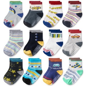 Cozyway Non-Slip Crew Grip Socks, 12 Pack for Baby Boys and Girls, Assorted Colors and Patterns, 6-12 Months - 1 of 4