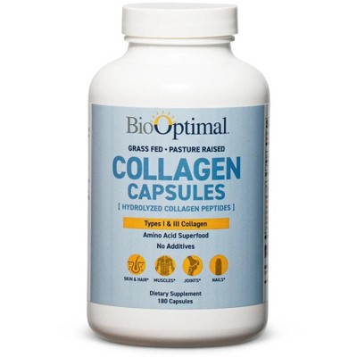 BioOptimal Collagen Powder Capsules 1 Pack - Promotes Hair, Nail, Skin, Bone and Joint Health, Zero Sugar, Unflavored. 180 Capsules