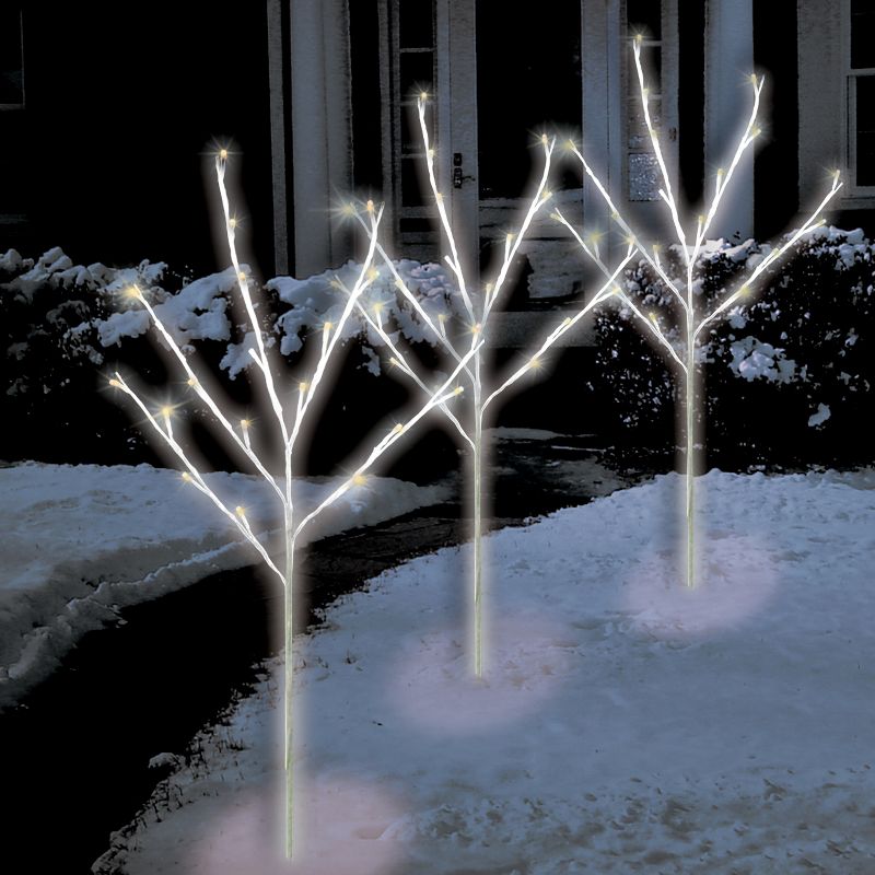 Brite Star Set of 3 LED Lighted Twinkling White Twig Tree Christmas Pathway Markers 30", Warm White Lights, 1 of 2