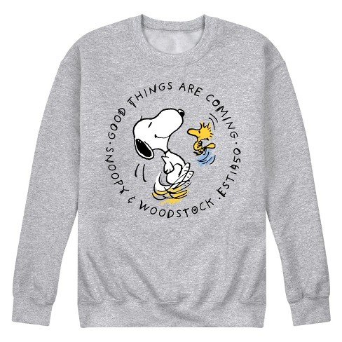 Men s Peanuts Snoopy Woodstock Good Things Are Coming Graphic Fleece Sweatshirt Target