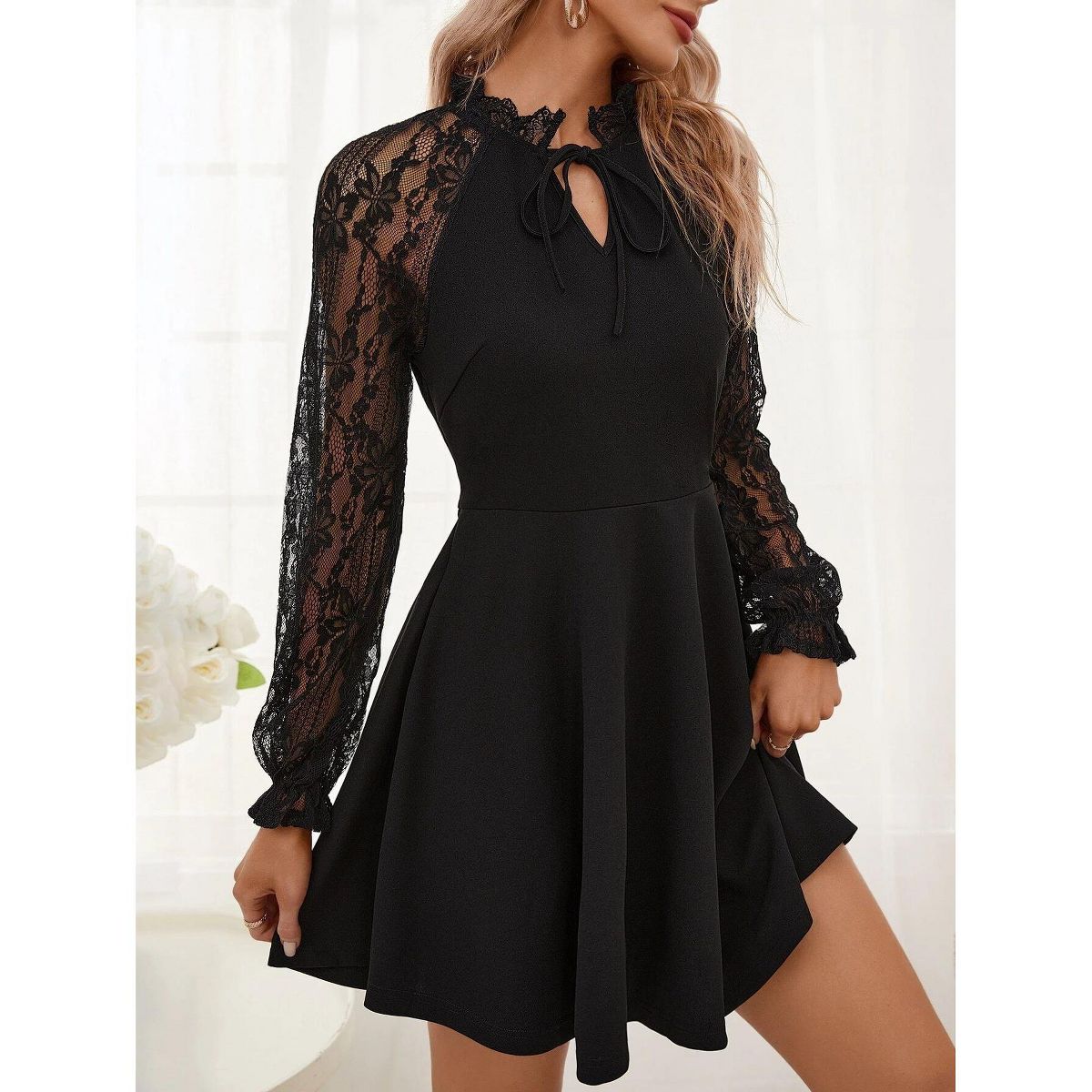Womens Skater Lace Dress with Lace Sleeve Ruffle Neck Lace Cocktail Dress Wedding Guest Party Dress Summer A-Line Mini Dress Flared Dress - thumbnail 6