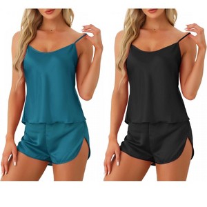 cheibear Women's Silky Camisole Top and Shorts Satin Pajamas Sets 2 Packs - 1 of 4