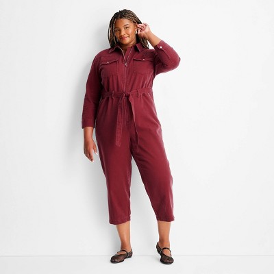 Women's Long Sleeve Washed Denim Button-Down Jumpsuit - Future Collective Burgundy