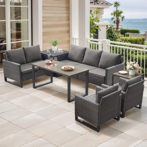 Belord 7 Pieces Outdoor Patio Furniture Set with All Weather Brown Wicker Sectioanl Couch, L-Shaped Outdoor Conversation Set with Storage Deck Box - 1 of 4