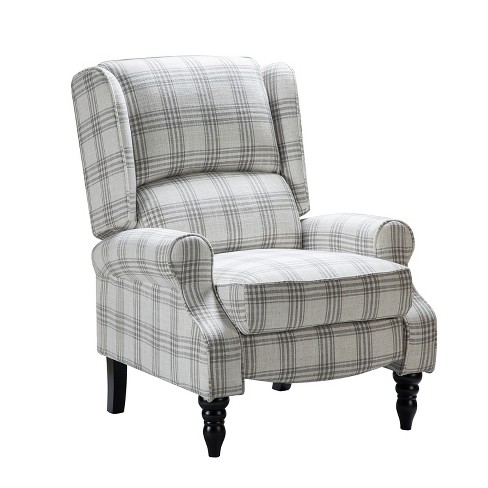 Asikli Manual Modern Wingback Recliner with Rubber Wood Legs Karat Home Plaid Grey