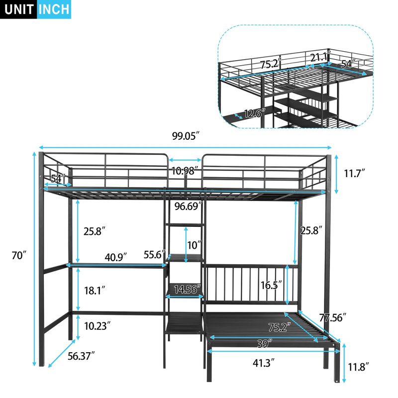 Full Over Twin Metal Bunk Bed with Built-in Desk, Shelves and Ladder-ModernLuxe, 4 of 14