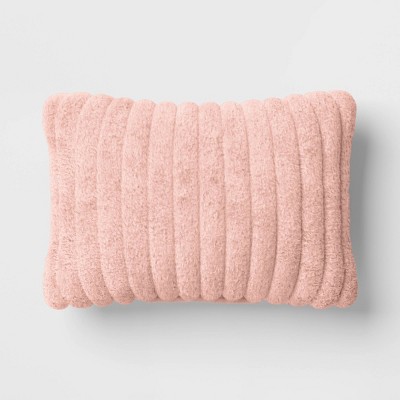 Channeled Faux Fur Lumbar Throw Pillow Blush - Room Essentials™: Indoor Rectangle Cushion, Polyester Fill