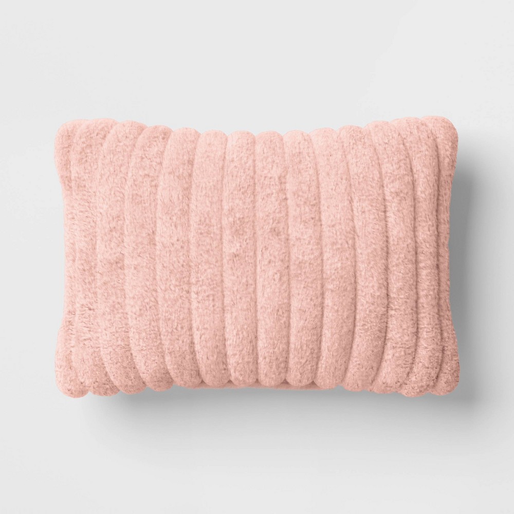 Photos - Pillow Channeled Faux Fur Lumbar Throw  Blush - Room Essentials™