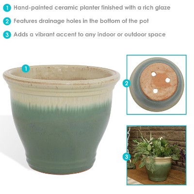 Seafoam and Beige Glazed Ceramic 15" Planter with Drainage Holes